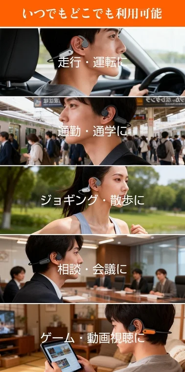 Bone conduction earphones' diverse usage scenes: driving/commuting, jogging/walking, consulting/meetings, gaming/video watching.