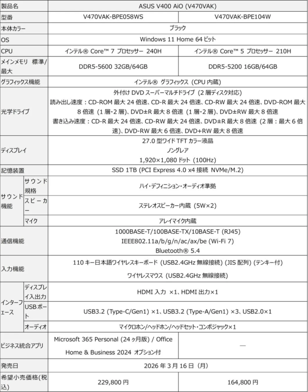 ASUS V400 AiO (V470VAK) Specifications