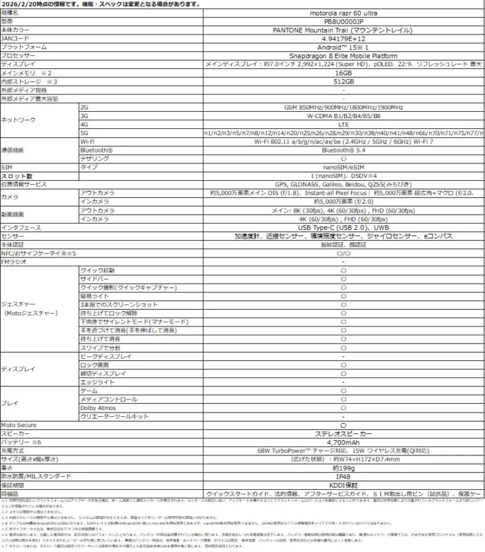 motorola razr 60 ultra PANTONE Mountain Trail Product Specifications
