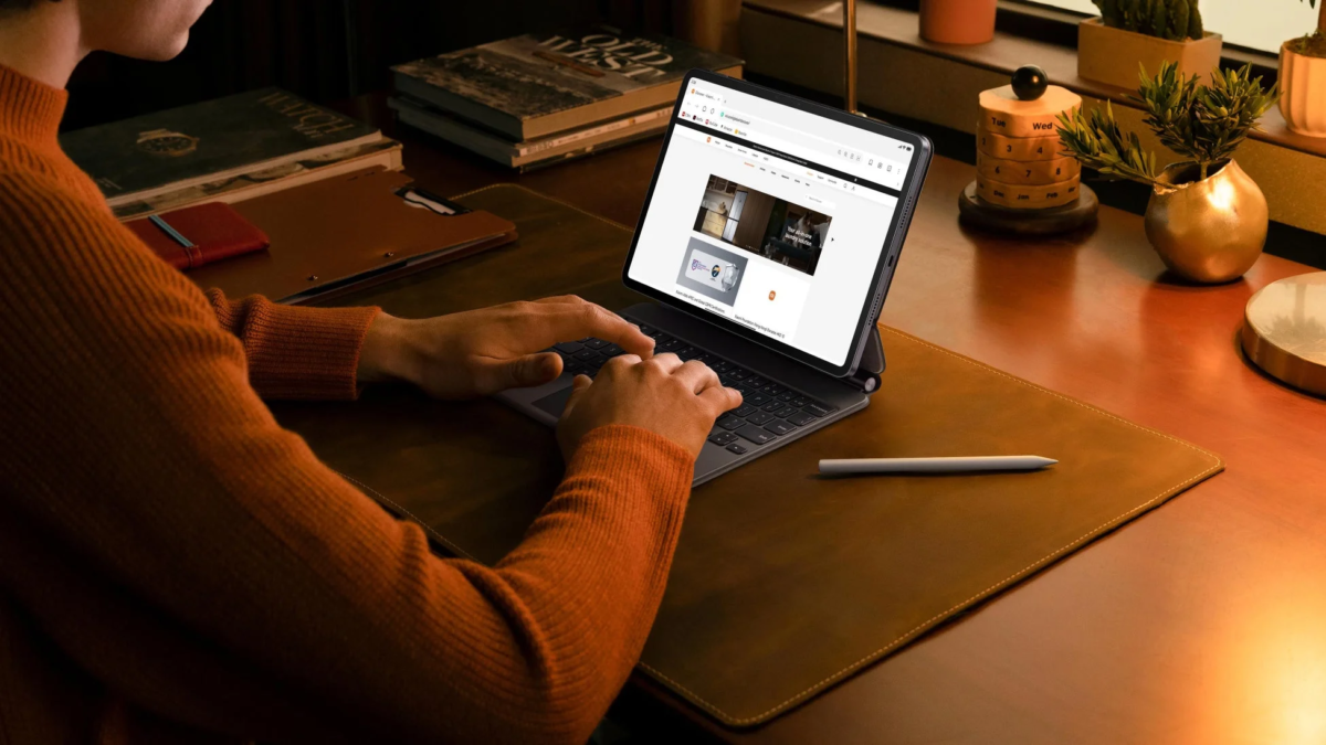 Workspace with tablet, keyboard, pen
