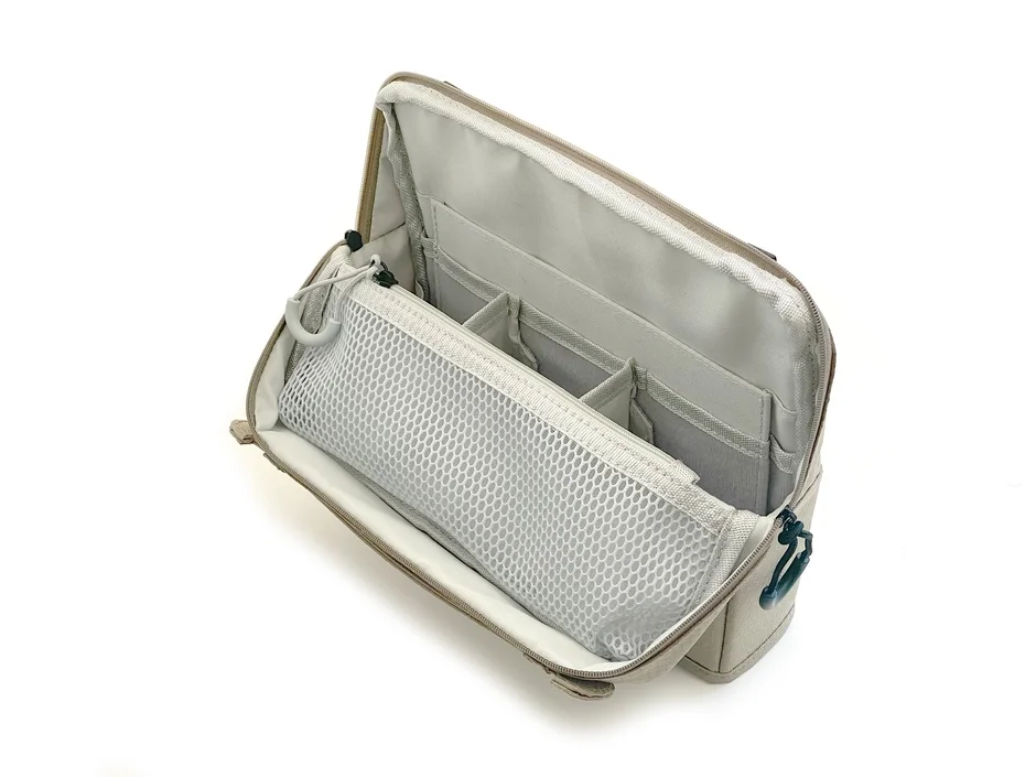 Open beige pouch with dividers