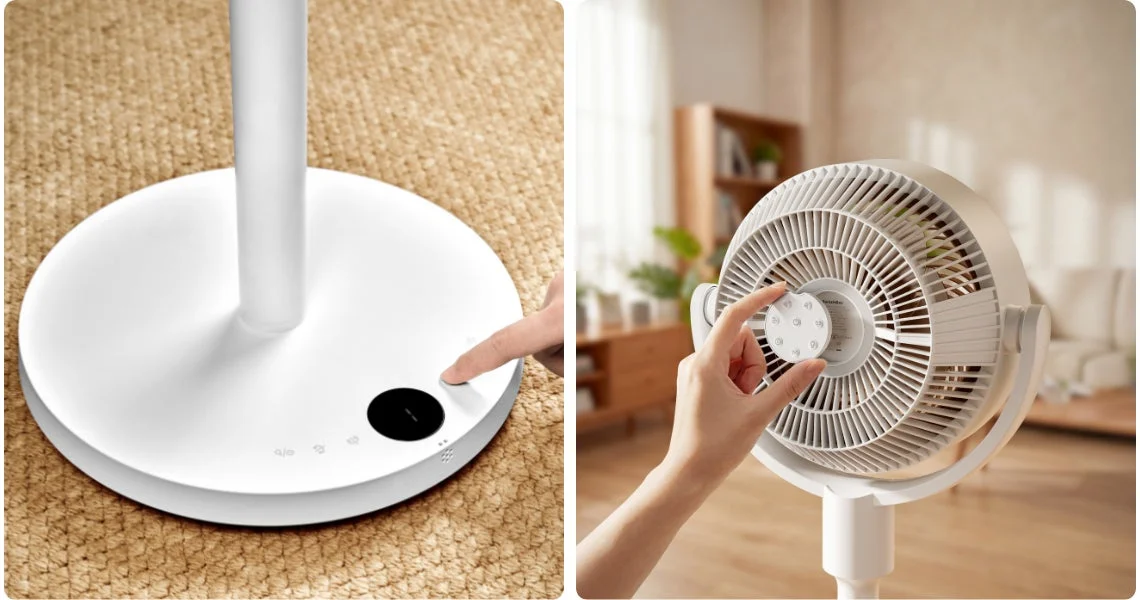 Hands operating a white modern fan
