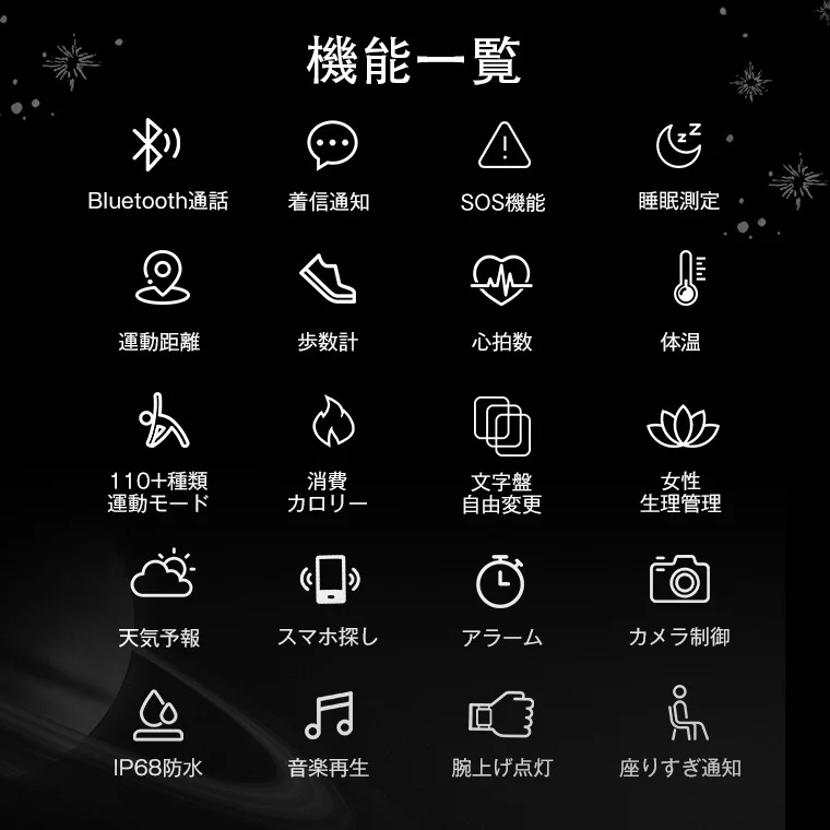 Smartwatch features list with icons for Bluetooth calls, health tracking, notifications, and more