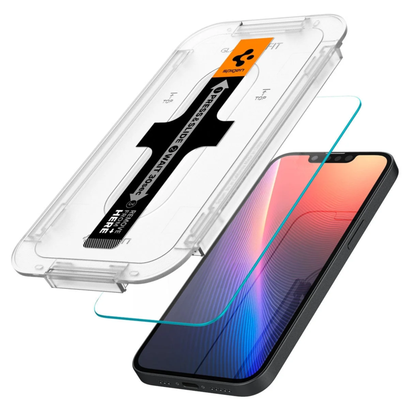 Smartphone with Spigen screen protector installation in progress