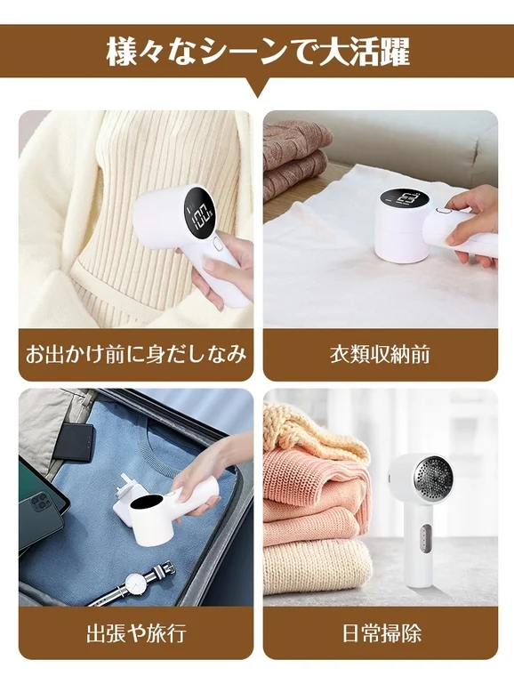 A graphic illustrating various scenarios where a lint cleaner is useful, such as before going out, before storing clothes, during business trips or travel, and for daily cleaning.