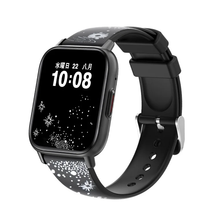 Black digital smartwatch with a starry/snowflake pattern on the band, displaying time and date