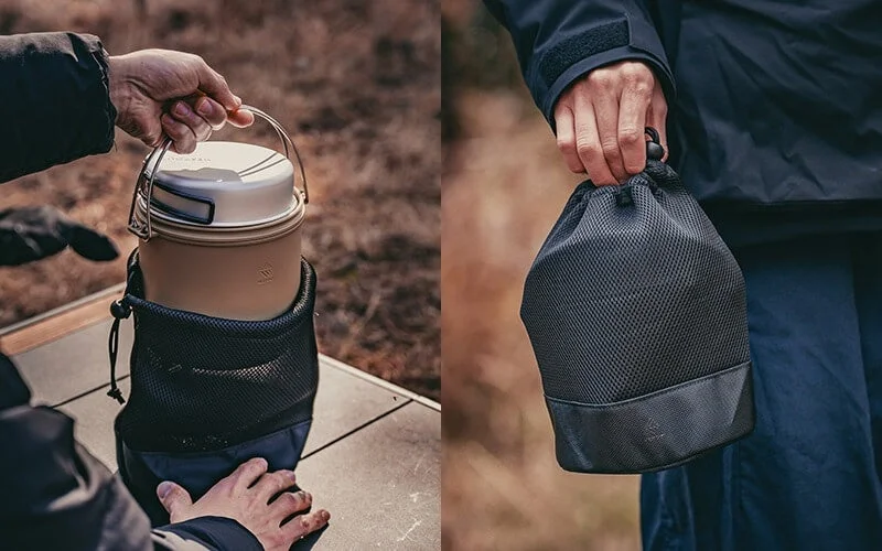 Outdoor cooking equipment (cooker) being placed in a mesh storage bag.