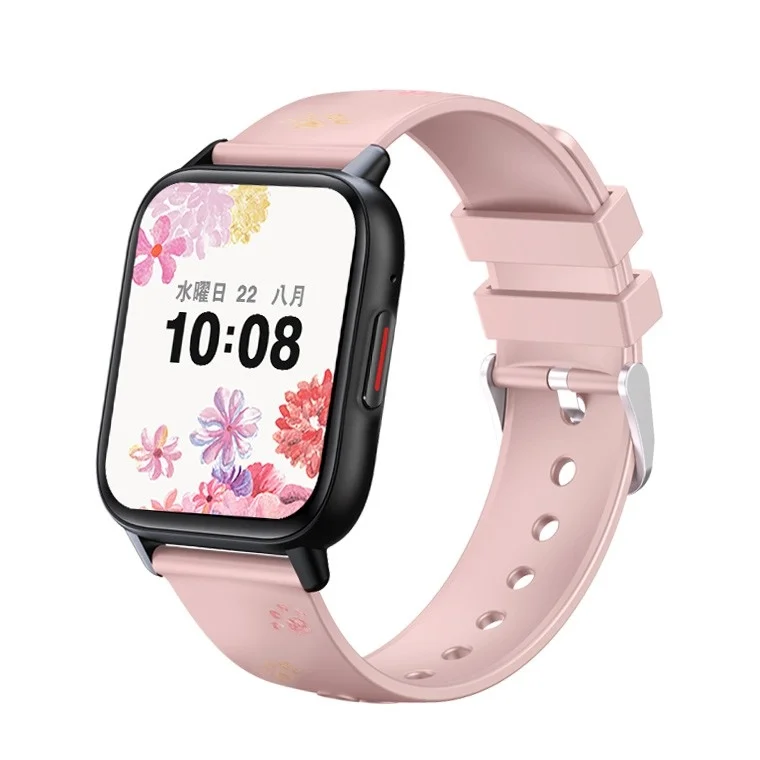 Pink smartwatch with floral wallpaper displaying time and date