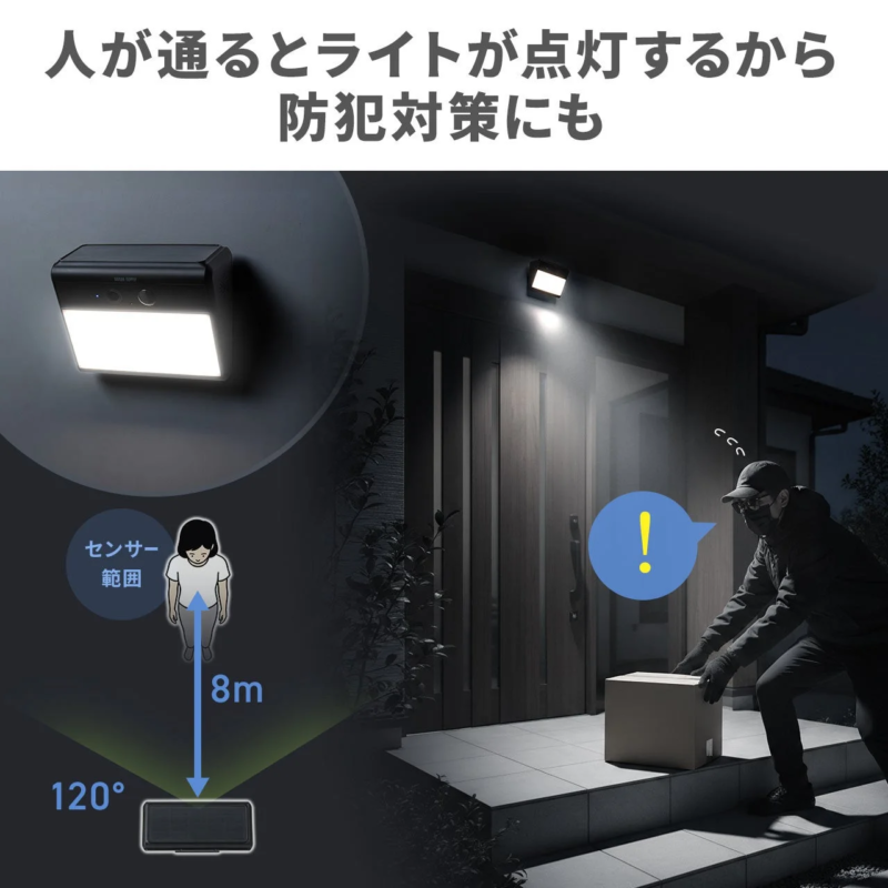 Diagram showing human detection sensor range and light activation for security