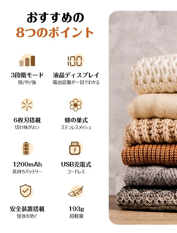 A graphic showcasing 8 recommended features of a lint remover, including 3-stage mode, LCD display, 6-blade, honeycomb stainless mesh, 1200mAh battery, USB charging, safety device, and lightweight design.