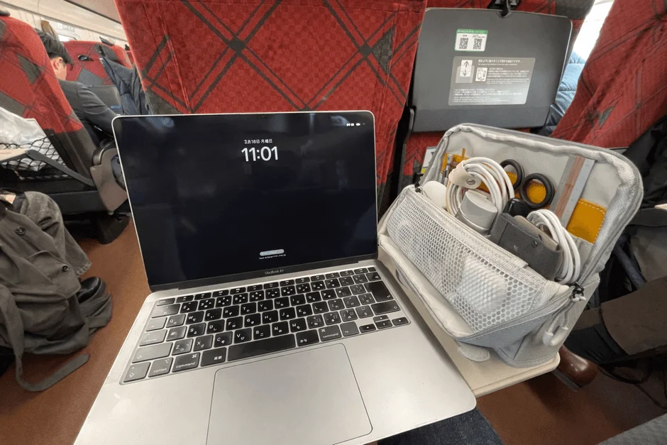 MacBook Air in train with bag
