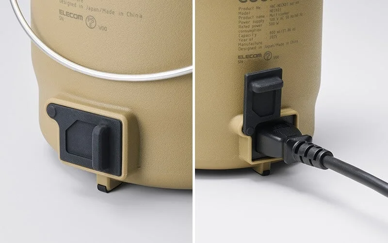 Power connection part of an ELECOM portable multi-cooker, showing covered and connected states.