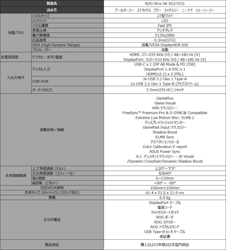 ROG Strix 5K XG27JCG Product Specifications