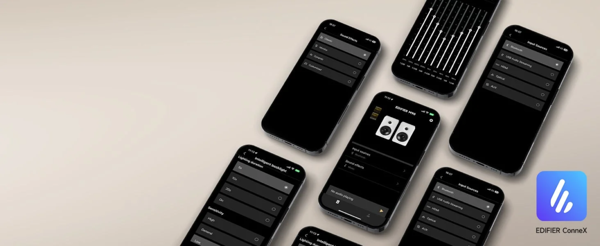 Edifier ConneX app interface on multiple phones