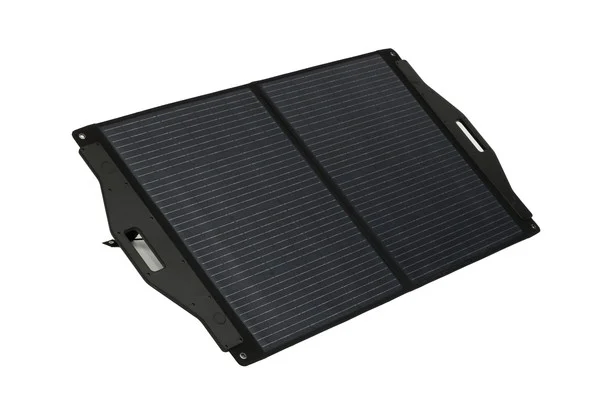Black foldable solar panel on a white background