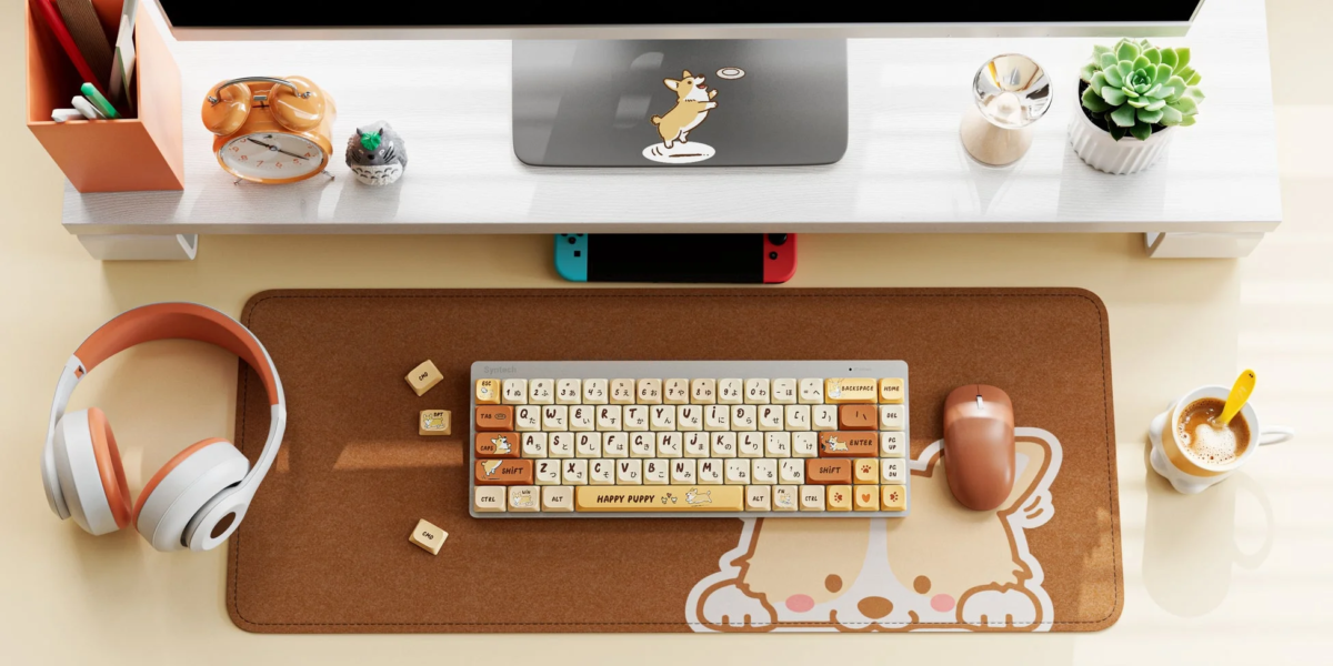 Corgi-themed desk setup