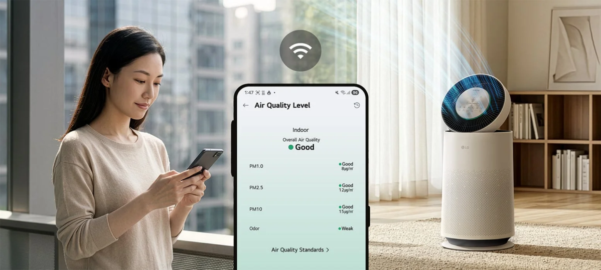 Woman checking air quality on smartphone
