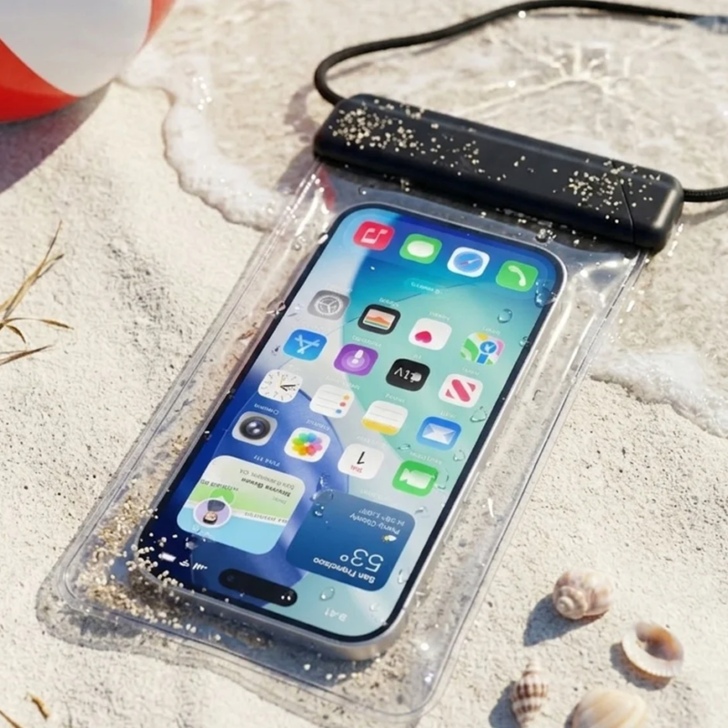 Smartphone in waterproof case on sandy beach