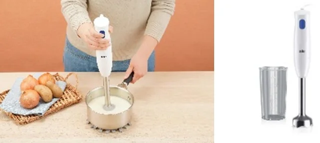 Woman using a Braun MultiQuick 1 hand blender with onions and potatoes