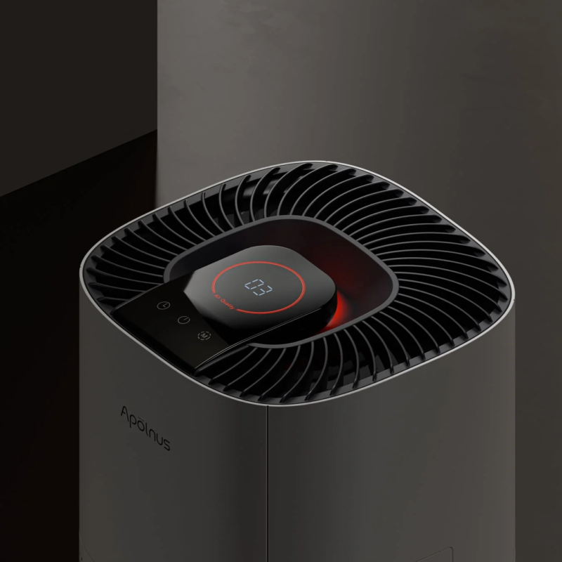 Air purifier with red "03 Air Quality" display