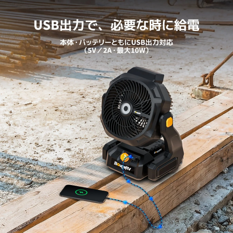 BougeRV F02 fan charging a smartphone via USB output