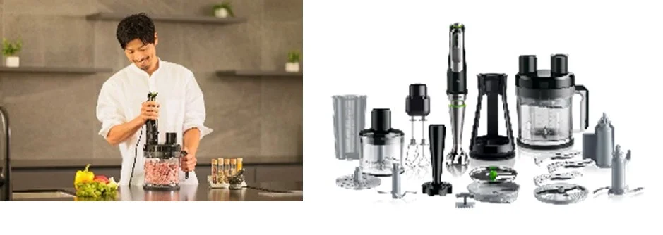 Man using a Braun MultiQuick 9 hand blender in a kitchen with various attachments