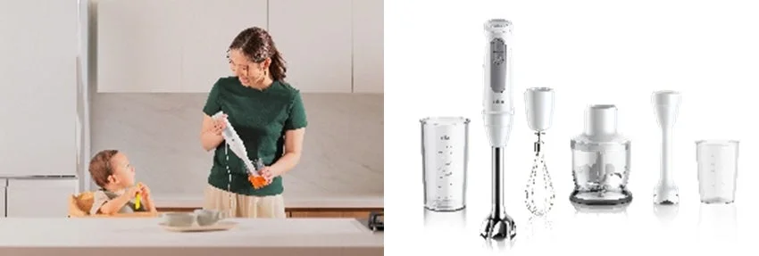 Mother using a Braun MultiQuick 5 hand blender while her baby watches