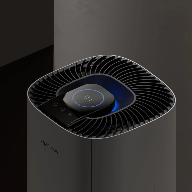 Air purifier with blue "01 Air Quality" display