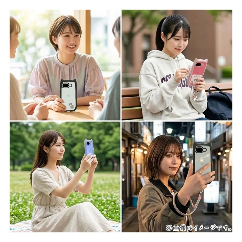 Women using phones with cat ear cases