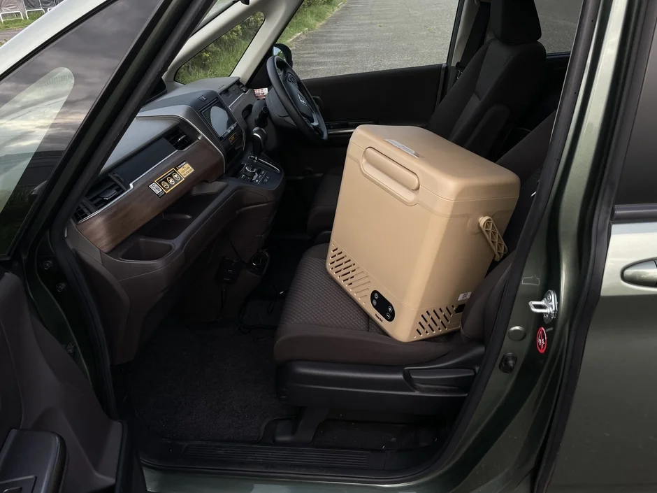 Portable refrigerator in a car