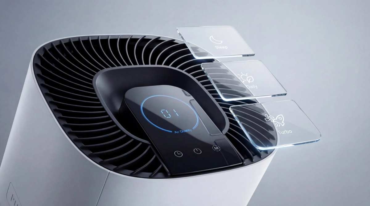 Control panel with "Air Quality 01" and modes