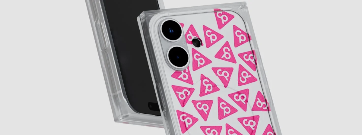 Smartphone with Clear Case and Pink Triangles