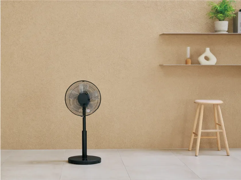 Black fan in a minimalist room with a beige wall and plants