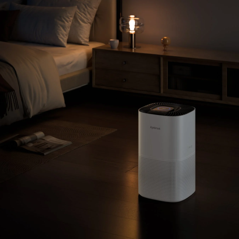 Air purifier in a quiet bedroom setting