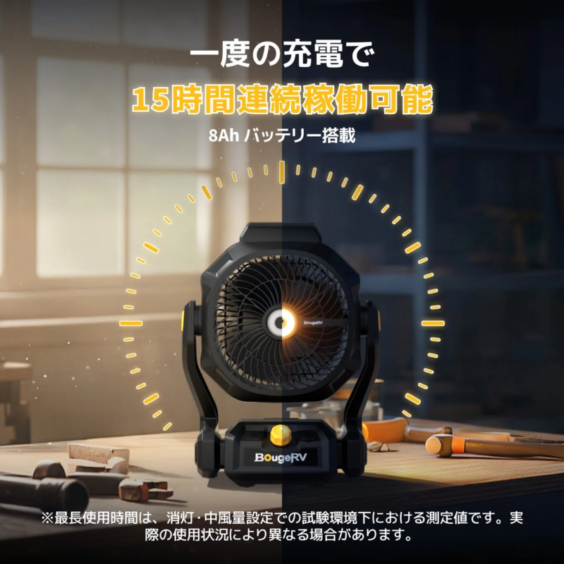 BougeRV F02 fan highlighting 15-hour battery life