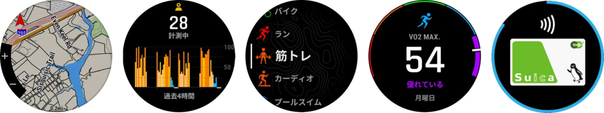Smartwatch screens for fitness, maps, Suica