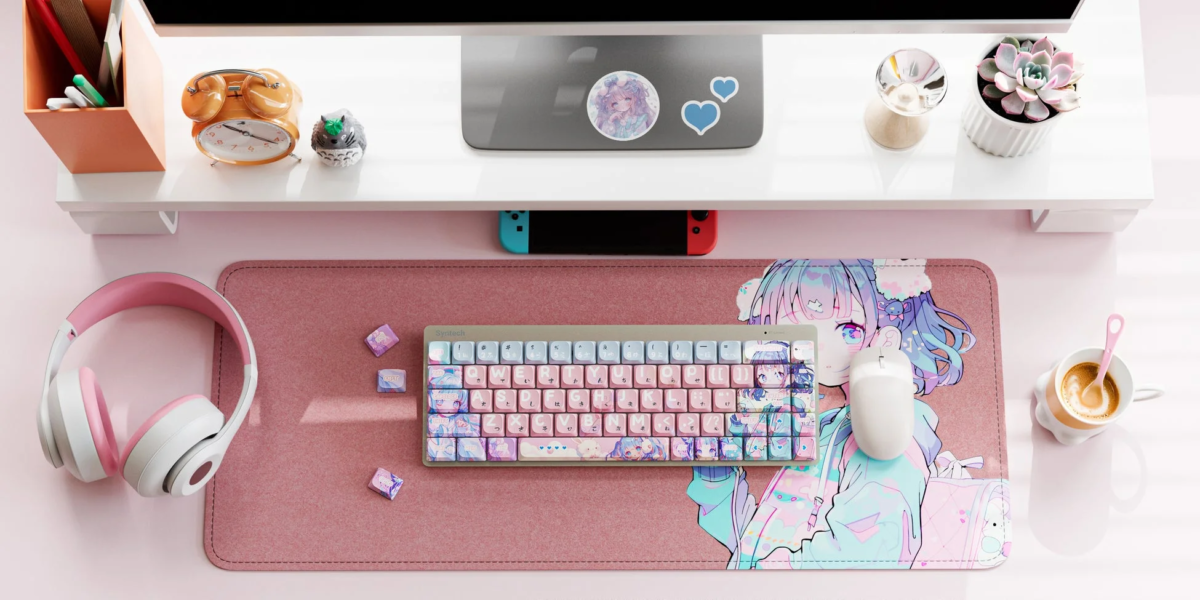 Rabbit-themed keyboard and desk setup