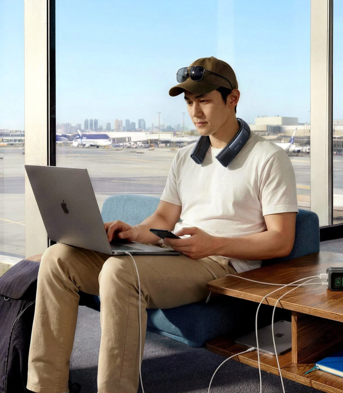 Man Using Neck Fan in Airport Lounge