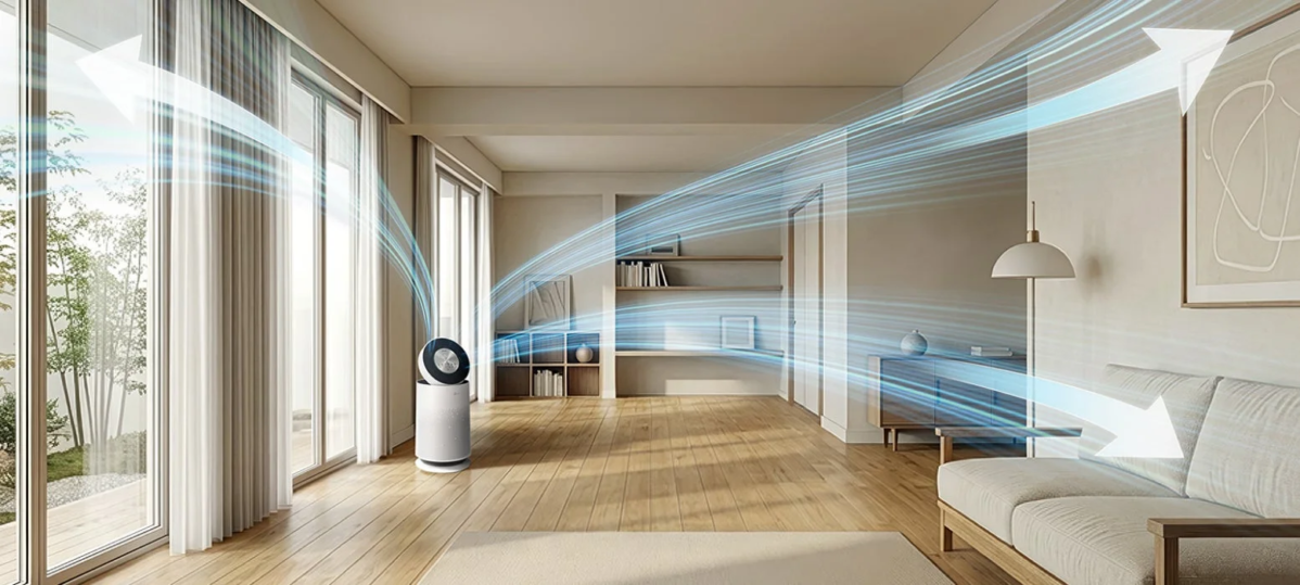 Air purifier in living room, showing air circulation