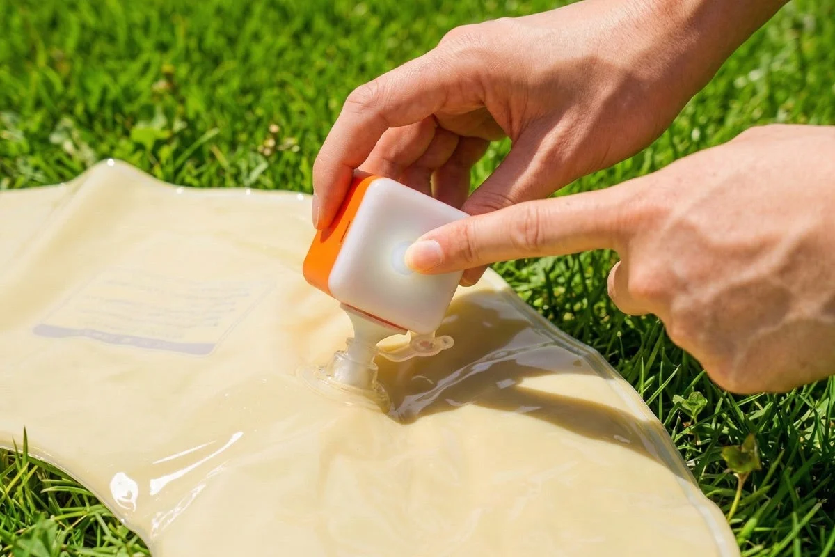 Device on grass with mat