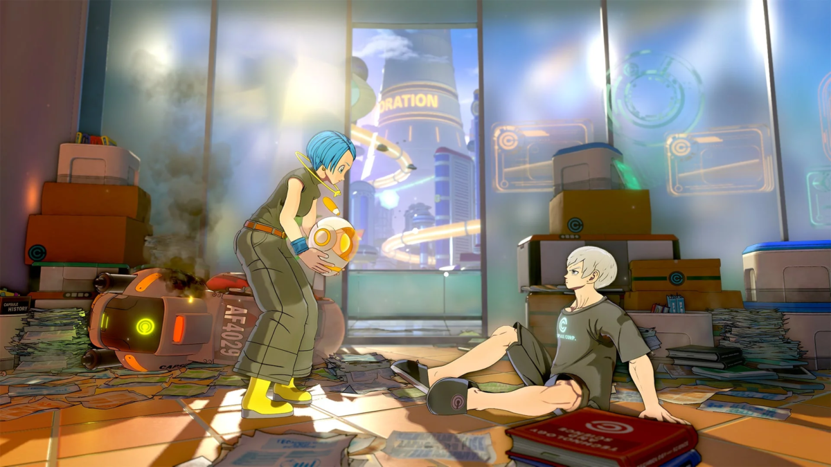 Bulma and a boy in Capsule Corp lab