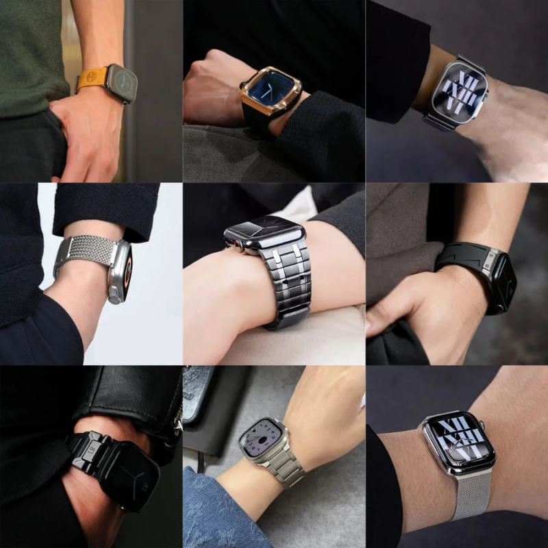 Various smartwatches with different bands on wrists, showcasing diverse styles