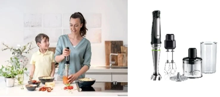 Woman and child using a Braun MultiQuick 7 hand blender in a kitchen