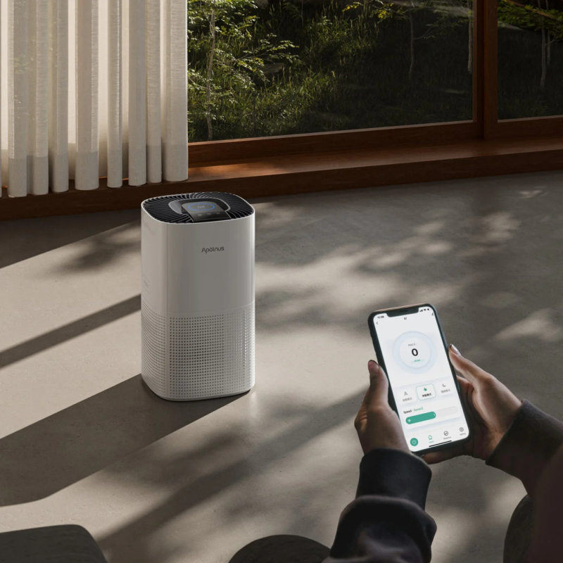 Smartphone showing app control for air purifier