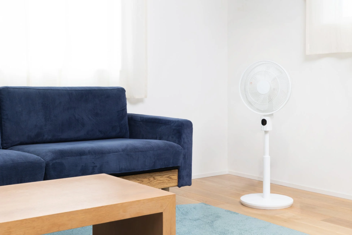 HAKOBU-FAN in a modern living room with a navy sofa