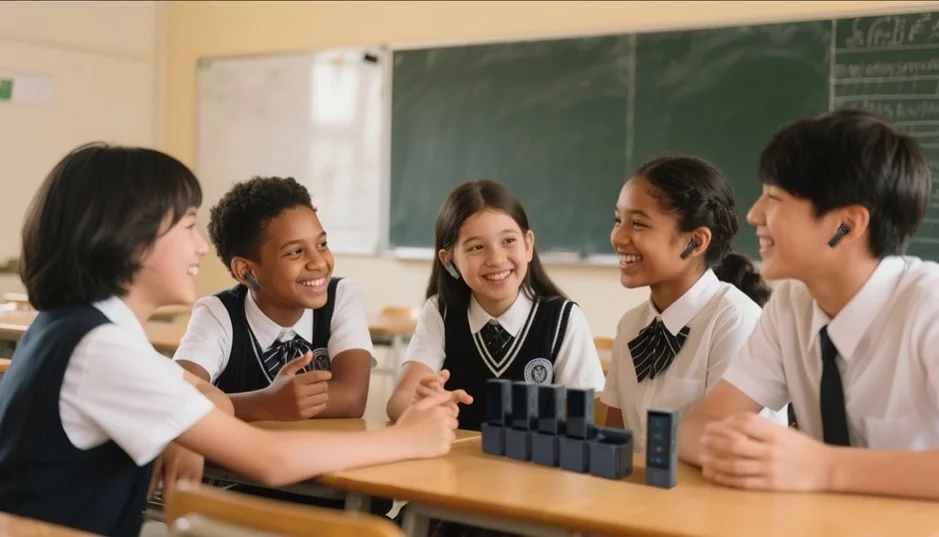 Students with earphones in a classroom