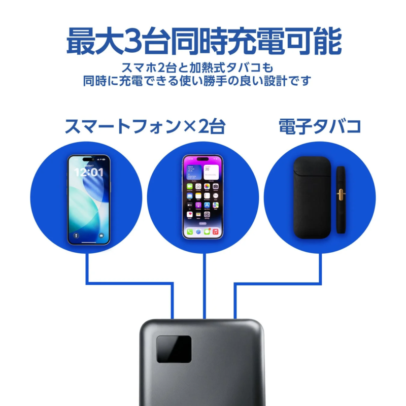 Three devices (smartphones and e-cigarette) simultaneously charging