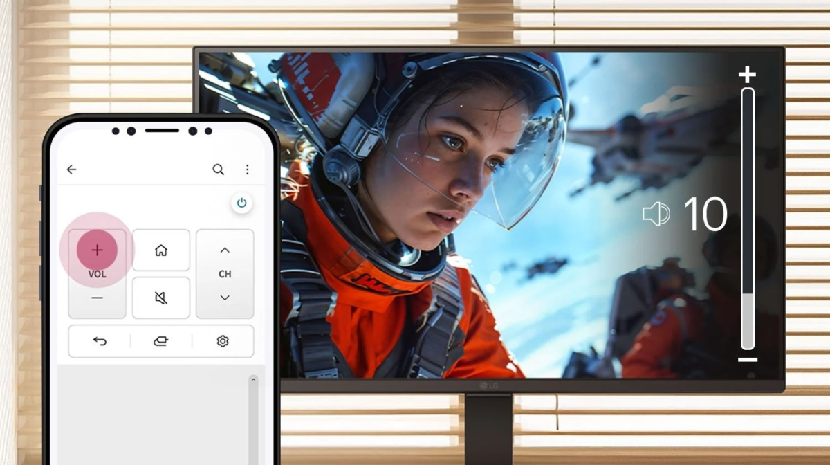 Smartphone with LG ThinQ app controlling monitor