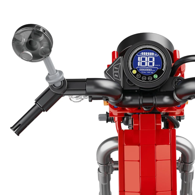 Toy motorcycle handle and digital meter close-up