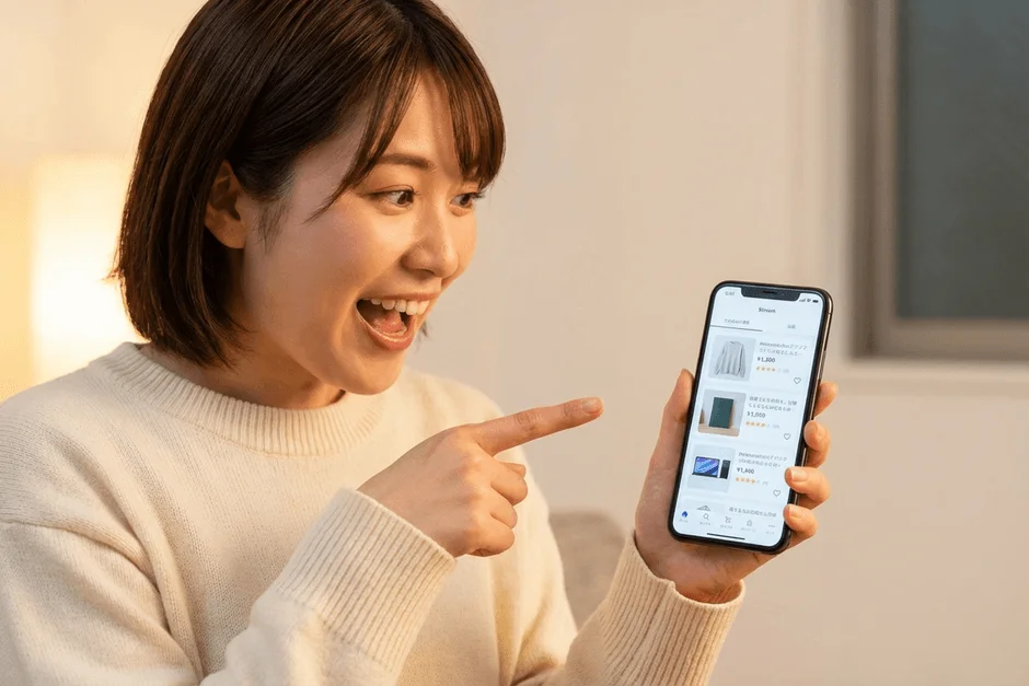 Woman pointing at phone, shopping